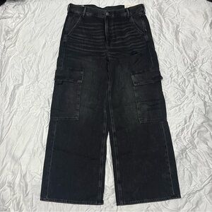 American Eagle 12 Short Jeans Super High Rise Baggy Wide Leg Black Acid Wash NWT